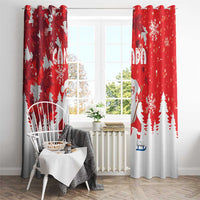Red and white holiday window curtains with Santa, snowflake motifs, and tree graphics