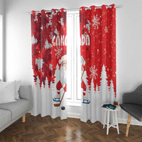 Red and white holiday curtain panels with Santa in hat, snowflakes, and pine silhouettes