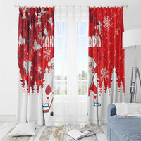 Red and white holiday window curtain set with Santa playing hockey and scattered snowflakes
