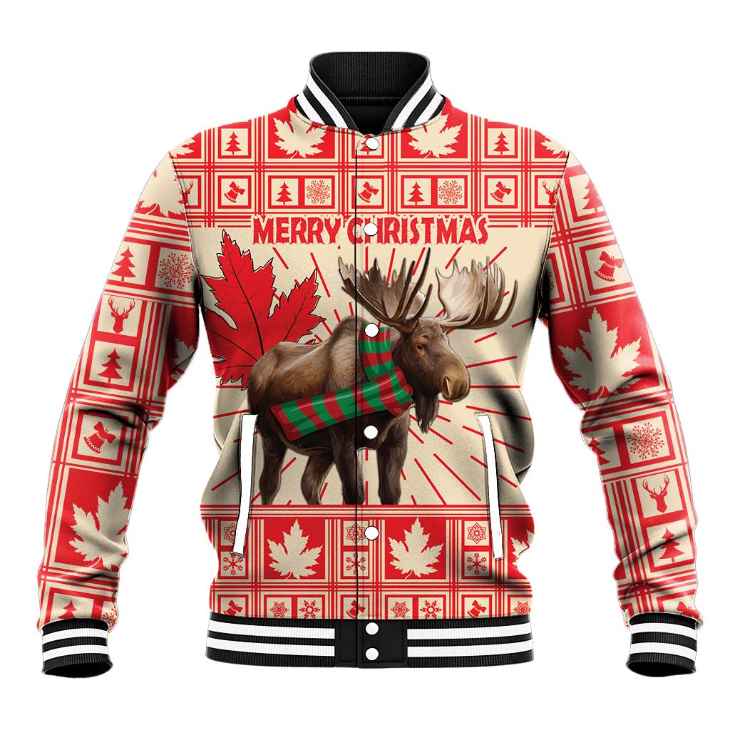 Unisex red-and-cream baseball jacket with moose graphic and Merry Christmas text