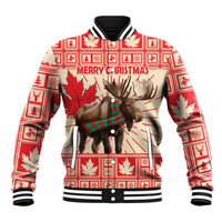 Unisex red-and-cream baseball jacket with moose graphic and Merry Christmas text