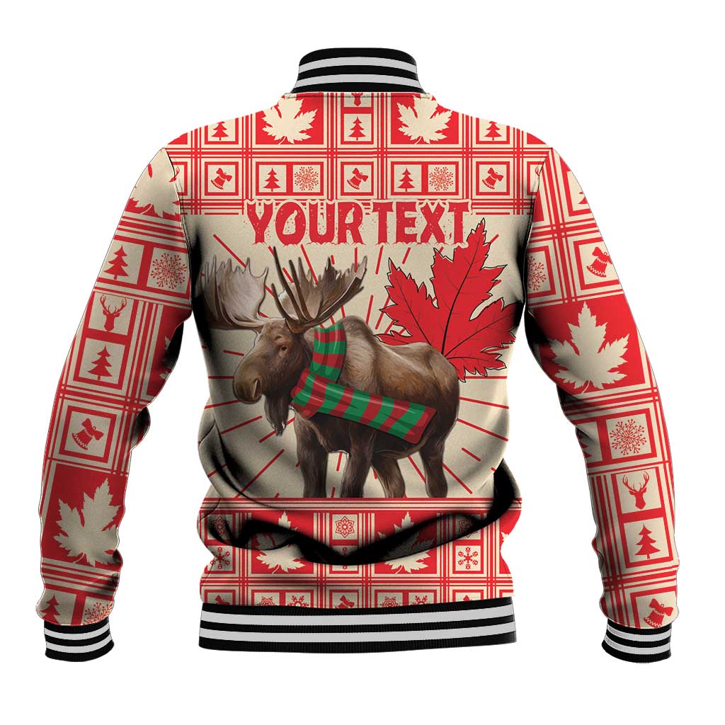 Unisex red-and-cream baseball jacket with moose, maple leaves, and Your Text