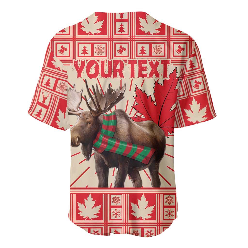Red personalized baseball jersey with moose wearing scarf and "YOUR TEXT" on back