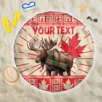 Round personalized beach blanket with moose graphic, red maple leaves, fringe edge, 'YOUR TEXT'.