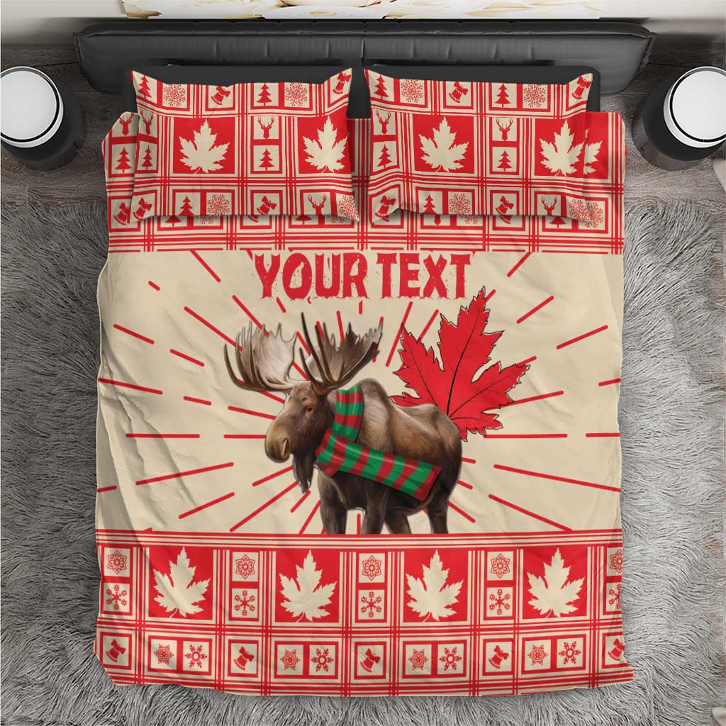 Personalized Christmas duvet cover set with red and white moose and maple leaf pattern