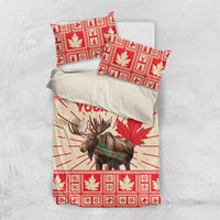 Personalized Christmas bedding set with moose and maple leaf design, red and white