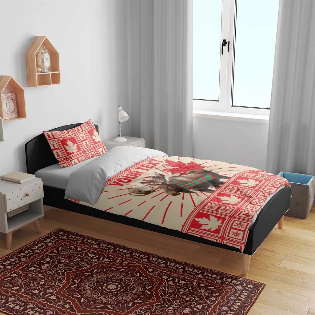 Personalized Christmas bedding set on bed with moose and maple leaf duvet cover