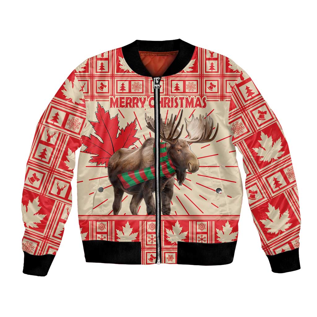 Red personalized moose bomber jacket with black rib trim, full-zip, Merry Christmas graphic