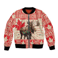 Red personalized moose bomber jacket with black rib trim, full-zip, Merry Christmas graphic