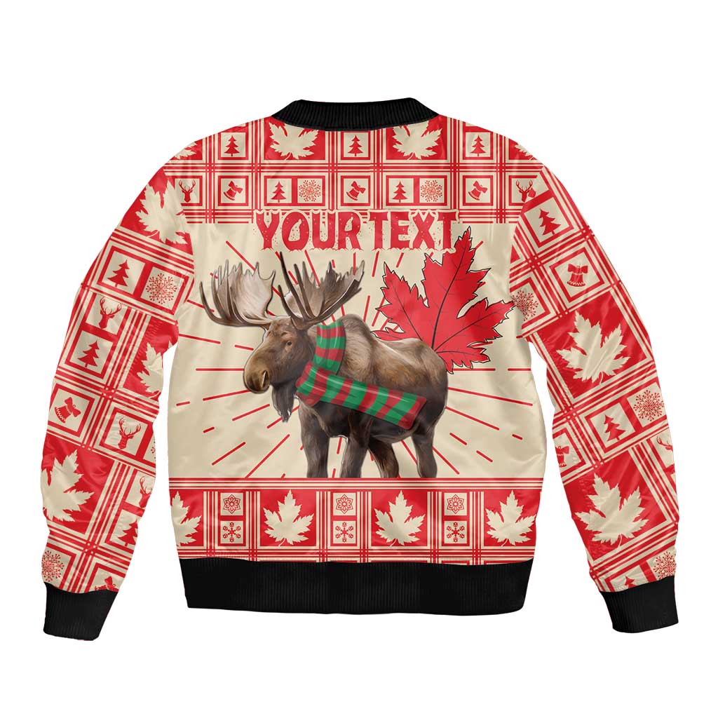 Red personalized moose bomber jacket with black rib trim, full-zip, YourText leaf graphic