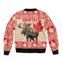 Red personalized moose bomber jacket with black rib trim, full-zip, YourText leaf graphic