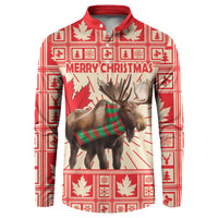 Red button sweatshirt with festive reindeer graphic and plaid Christmas border