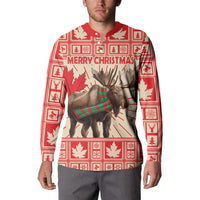 Red button sweatshirt on model, reindeer graphic with 'MERRY CHRISTMAS' across chest