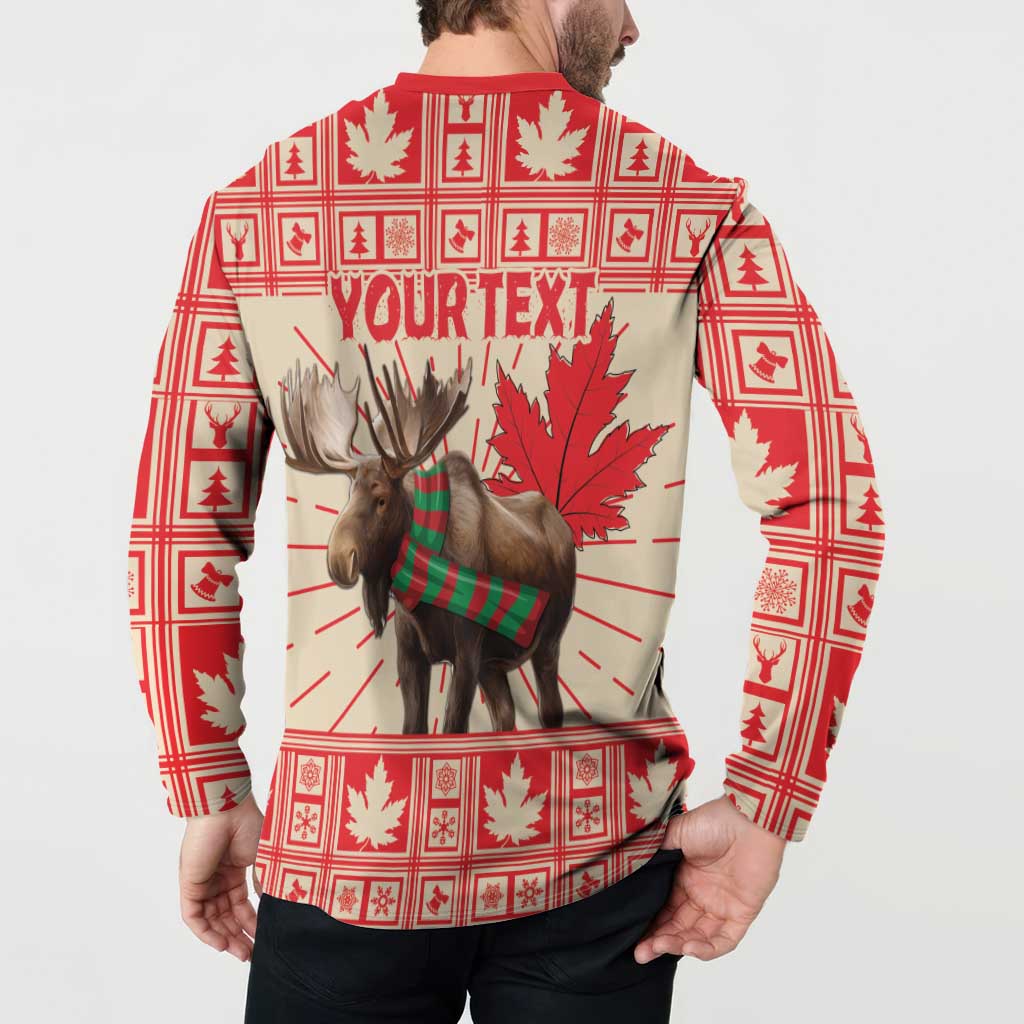 Red button sweatshirt on model, back 'YOUR TEXT' with reindeer and maple leaves