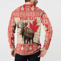 Red button sweatshirt on model, back 'YOUR TEXT' with reindeer and maple leaves