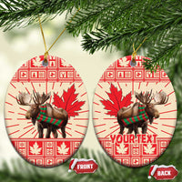 Round ceramic moose ornaments with red maple leaf design and “YOUR TEXT”, gold hanging string