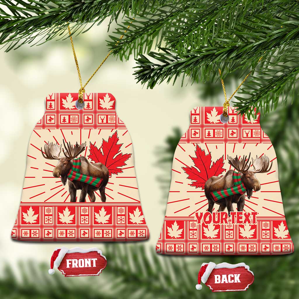 Heart-shaped ceramic moose ornament with red maple leaf design, gold hanging string, front/back tags