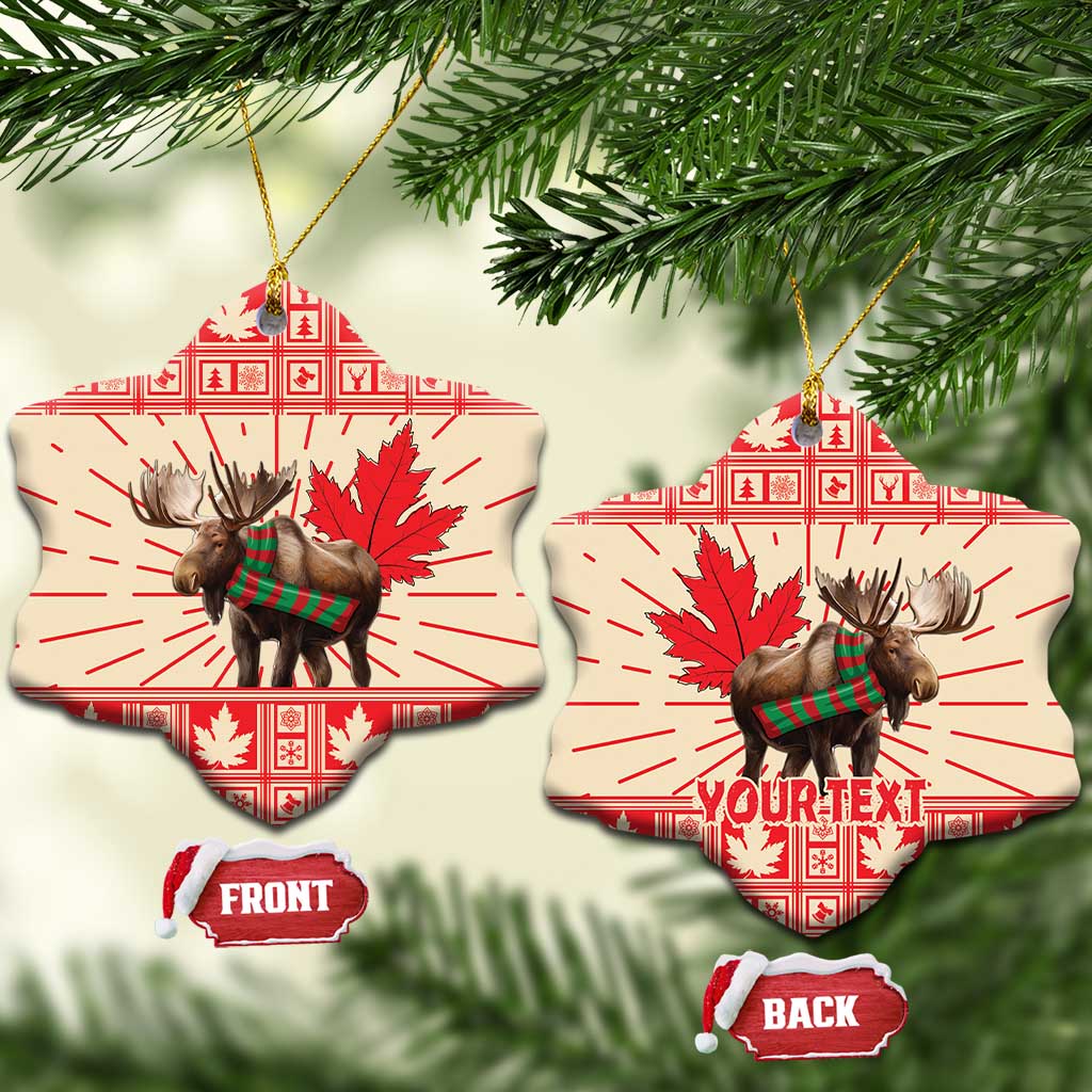 Star and heart ceramic moose ornaments with red maple leaf print, gold hanging strings, front/back tags