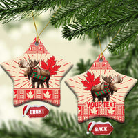 Star-shaped ceramic moose ornaments with red maple leaf pattern, gold hanging string, front/back tags