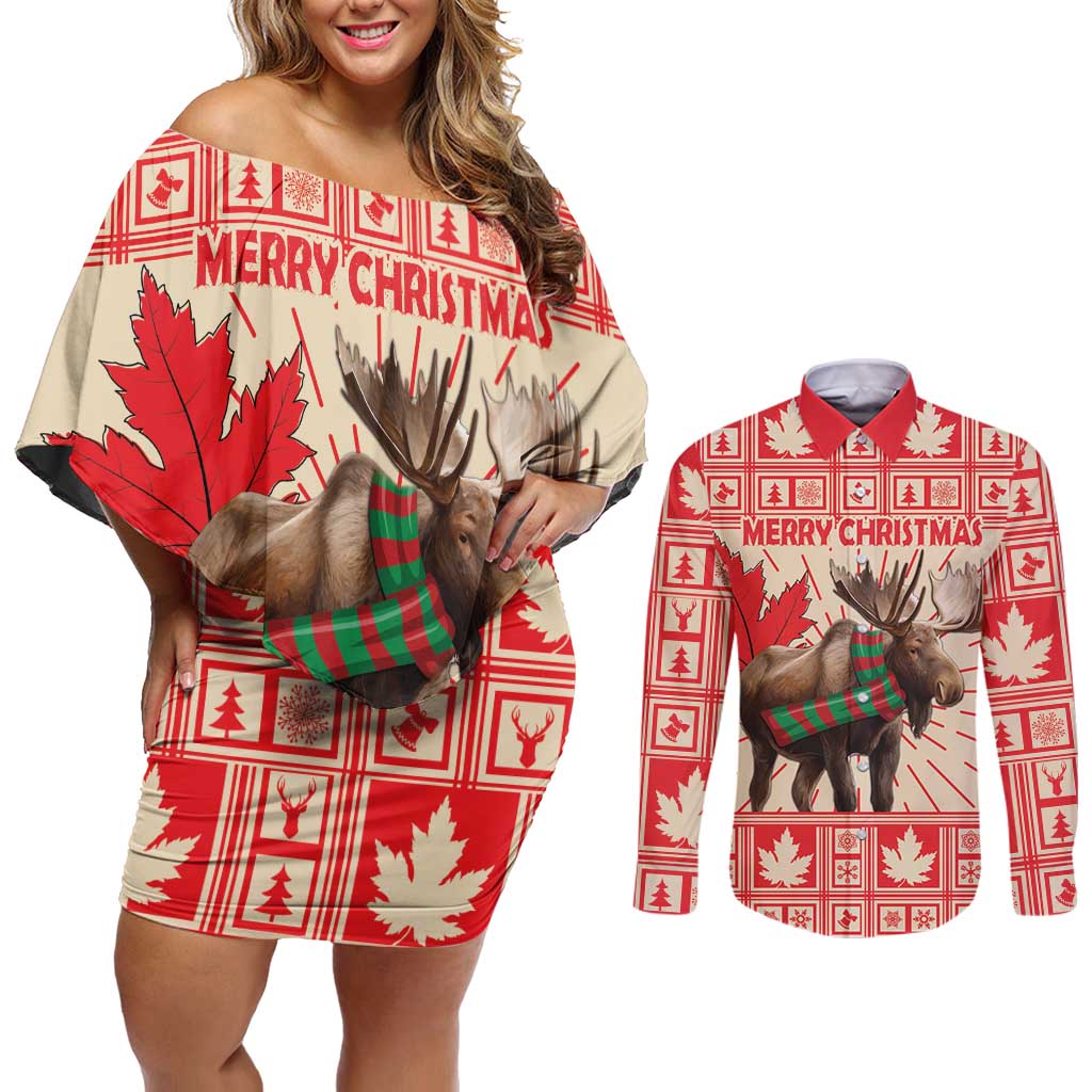 Personalized Canada Moose Couples Matching Off Shoulder Short Dress and Long Sleeve Button Shirt Maple Leaf Christmas Lightning Art - Wonder Print Shop