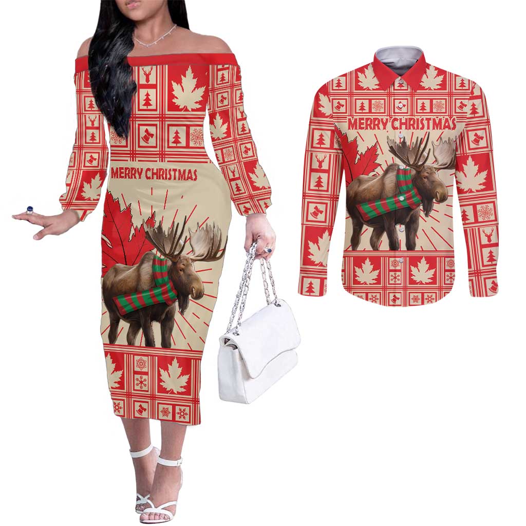 Personalized Canada Moose Couples Matching Off The Shoulder Long Sleeve Dress and Long Sleeve Button Shirt Maple Leaf Christmas Lightning Art