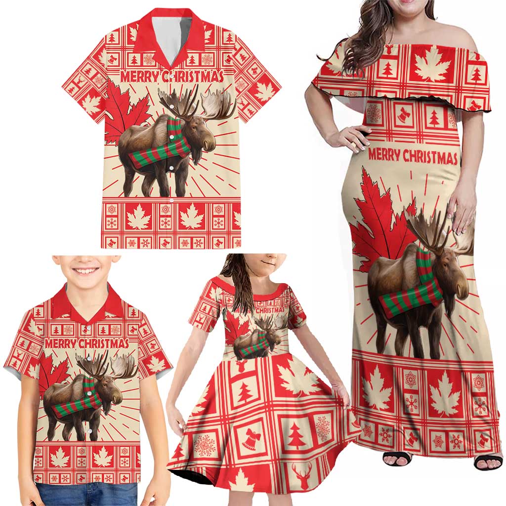 Personalized Canada Moose Family Matching Off Shoulder Maxi Dress and Hawaiian Shirt Maple Leaf Christmas Lightning Art - Wonder Print Shop