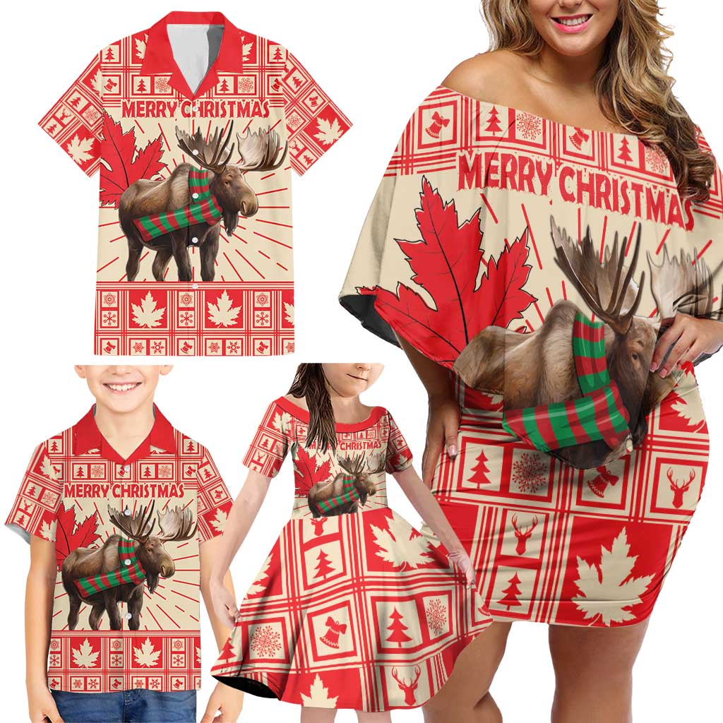 Personalized Canada Moose Family Matching Off Shoulder Short Dress and Hawaiian Shirt Maple Leaf Christmas Lightning Art - Wonder Print Shop