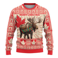 Red and cream ugly Christmas sweater with moose, plaid scarf, and Merry Christmas front