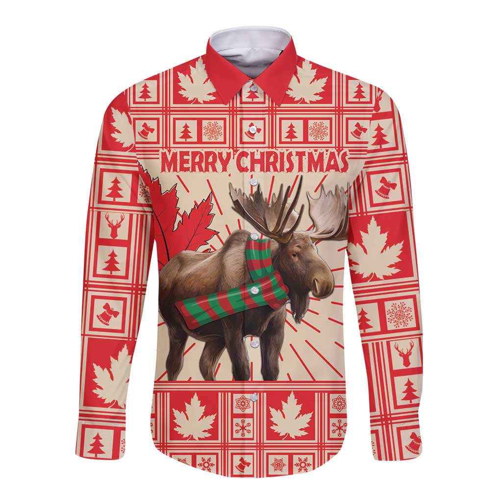 Red long-sleeve button shirt with front moose graphic and Merry Christmas text