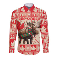 Red long-sleeve button shirt with front moose graphic and Merry Christmas text