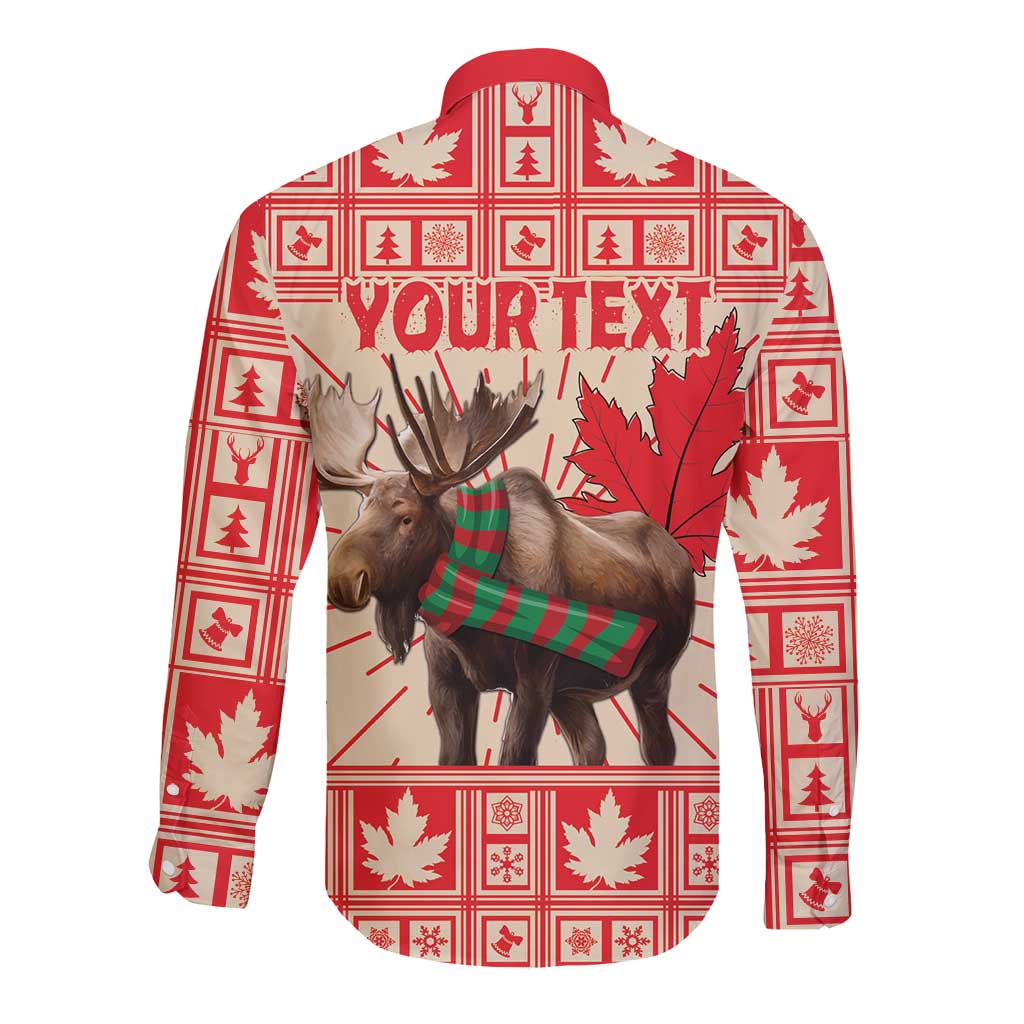 Red long-sleeve button shirt back with moose graphic and 'YOUR TEXT' wording