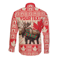 Red long-sleeve button shirt back with moose graphic and 'YOUR TEXT' wording