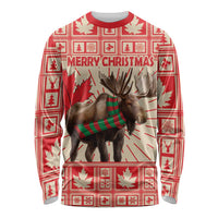 Red long sleeve shirt with moose Christmas graphic and plaid border, unisex