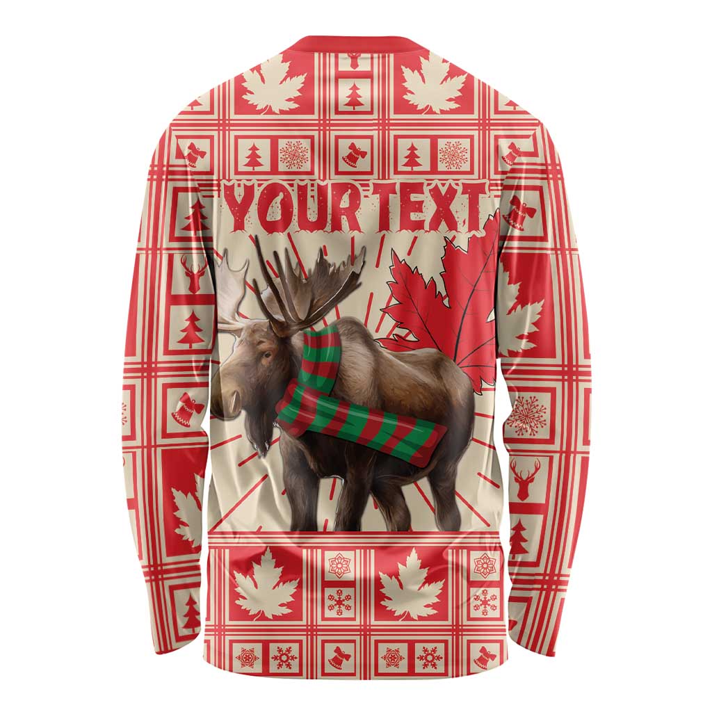 Red long sleeve shirt with moose and plaid scarf on back, customizable text