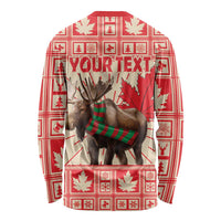 Red long sleeve shirt with moose and plaid scarf on back, customizable text