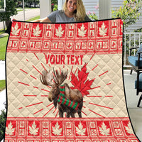 Personalized Canada moose quilt blanket in red and cream with maple leaf and YOUR TEXT