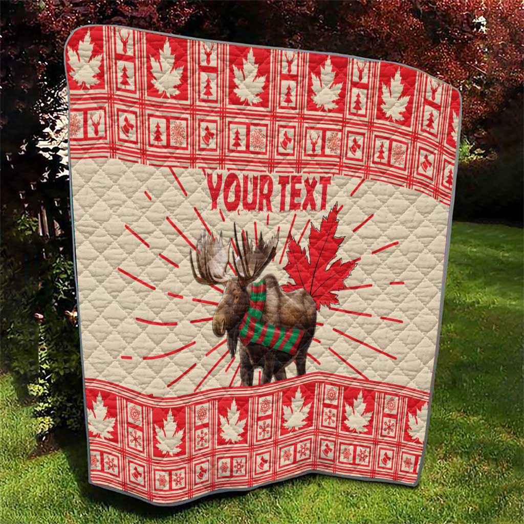 Red and cream personalized moose quilt blanket with maple leaf rays and YOUR TEXT