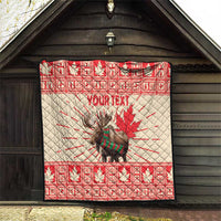 Personalized Canada moose quilt blanket on house wall in red and cream with YOUR TEXT