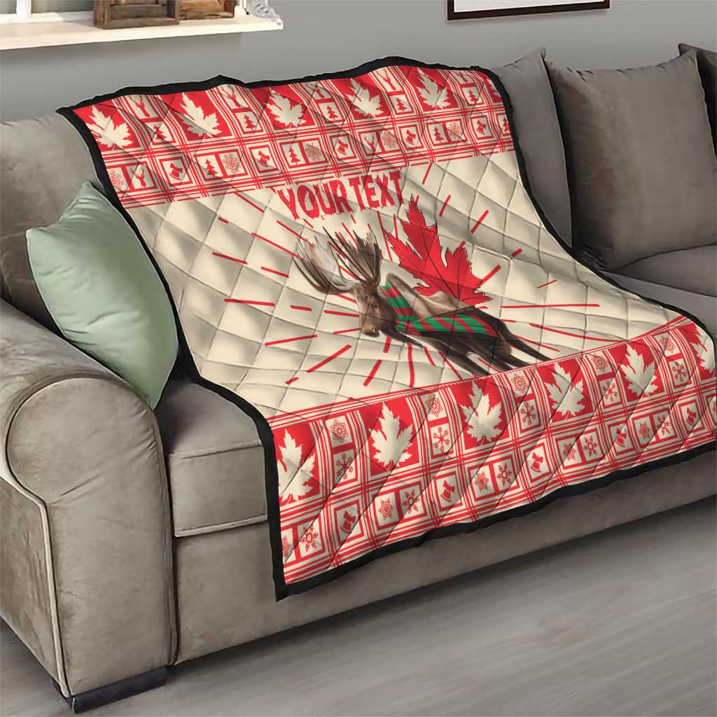 Personalized moose quilt blanket draped on sofa in red and cream with maple leaf and YOUR TEXT