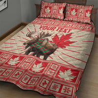 Red and white moose quilt bed set with maple leaf border and two matching pillow shams