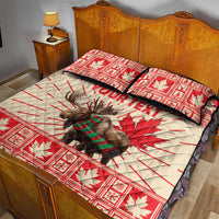 Red and white moose quilt bed set with plaid scarf moose and maple leaf patterned edge
