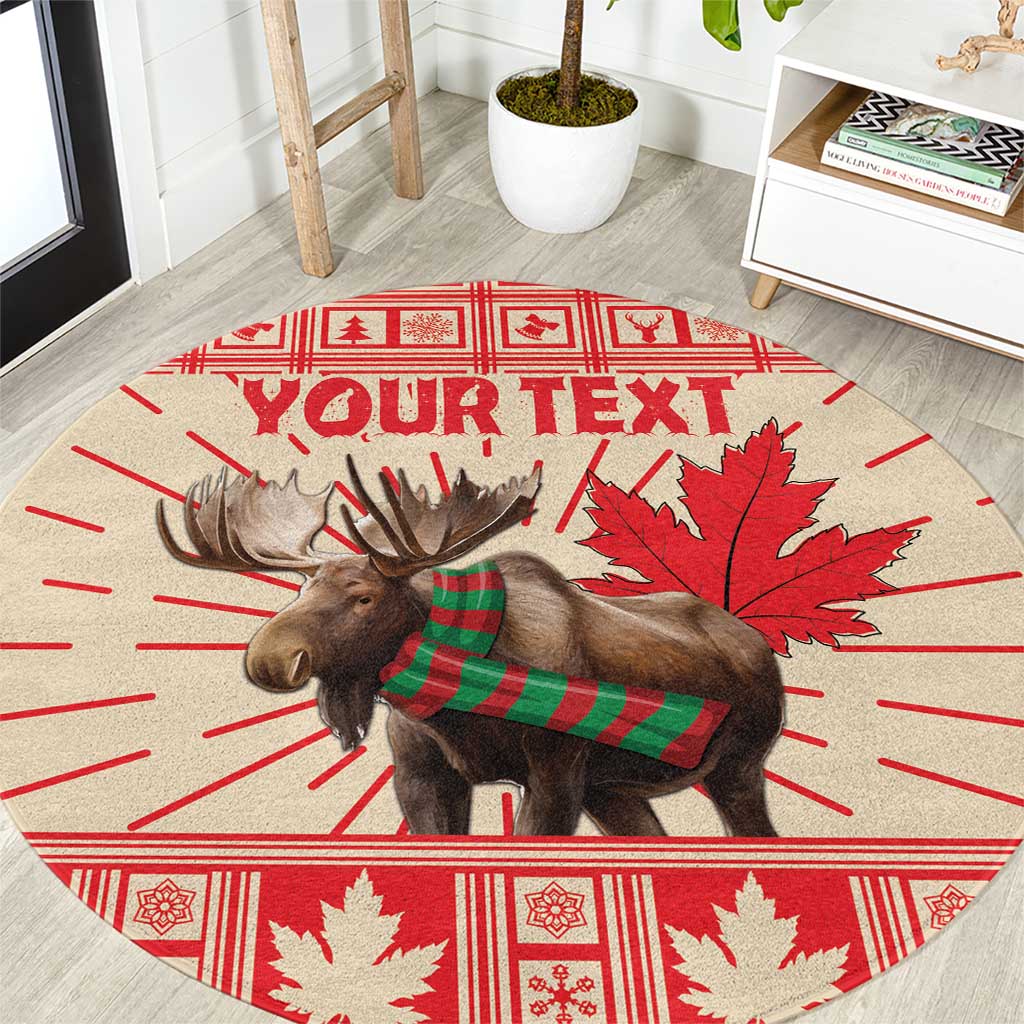Personalized round Christmas area rug with moose, red maple leaf, and "YOUR TEXT"
