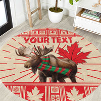 Personalized round Christmas area rug with moose, red maple leaf, and "YOUR TEXT"