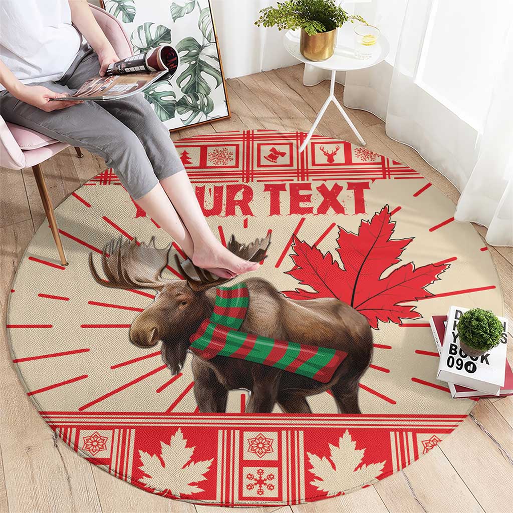 Round Christmas rug showing moose with green striped scarf, red maple leaf, "YOUR TEXT"
