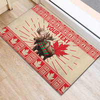 Personalized Canada moose doormat with green scarf, red border stripes, maple leaf burst