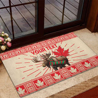 Personalized moose doormat with custom text, red plaid border and maple leaf graphic