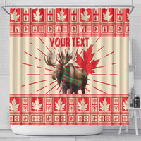 Personalized shower curtain with moose in plaid scarf, maple leaf burst, red trim, “YOUR TEXT”