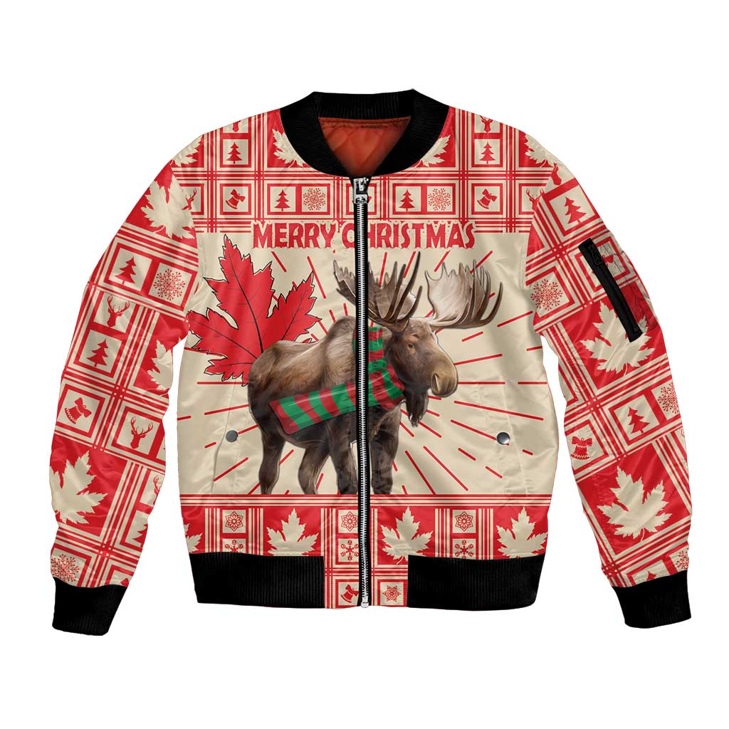 Personalized Canada Moose Sleeve Zip Bomber Jacket Maple Leaf Christmas Lightning Art