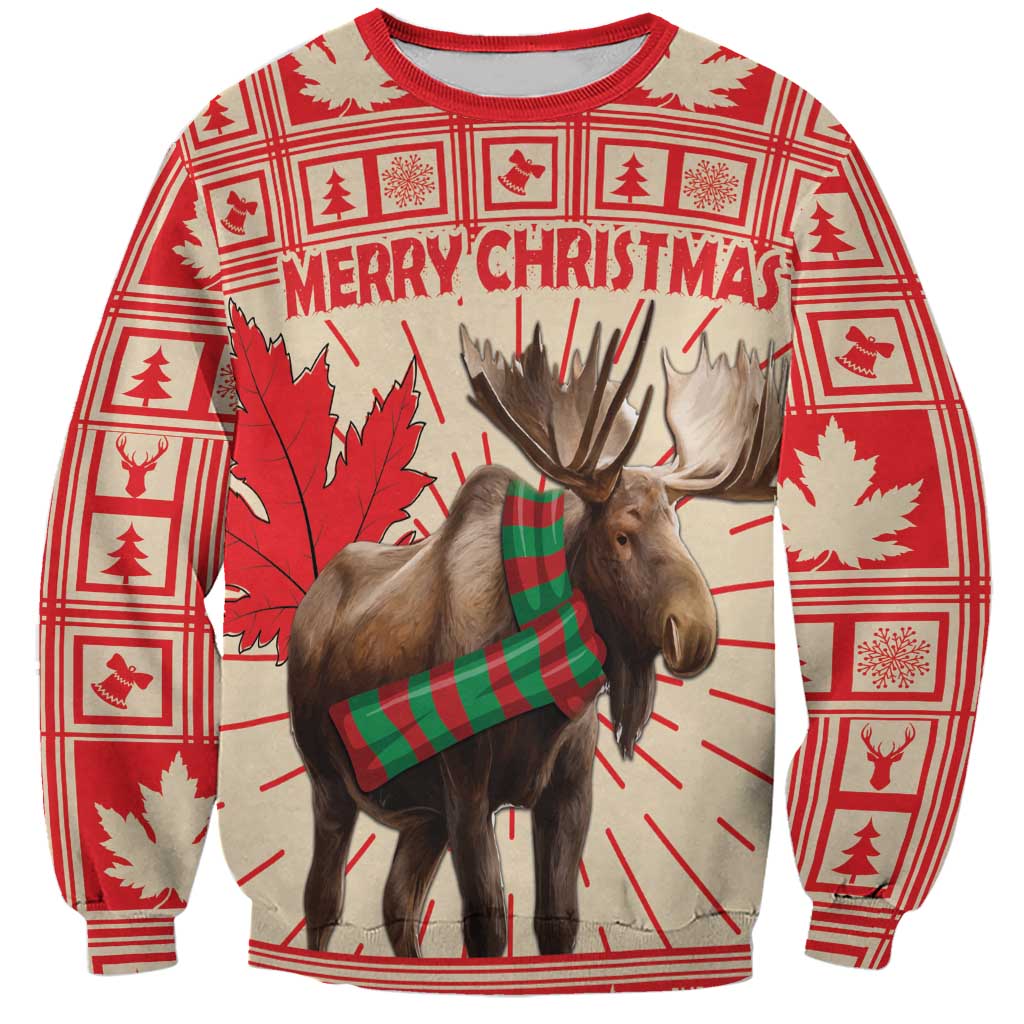 Red unisex moose Christmas sweatshirt, plaid pattern and Merry Christmas text
