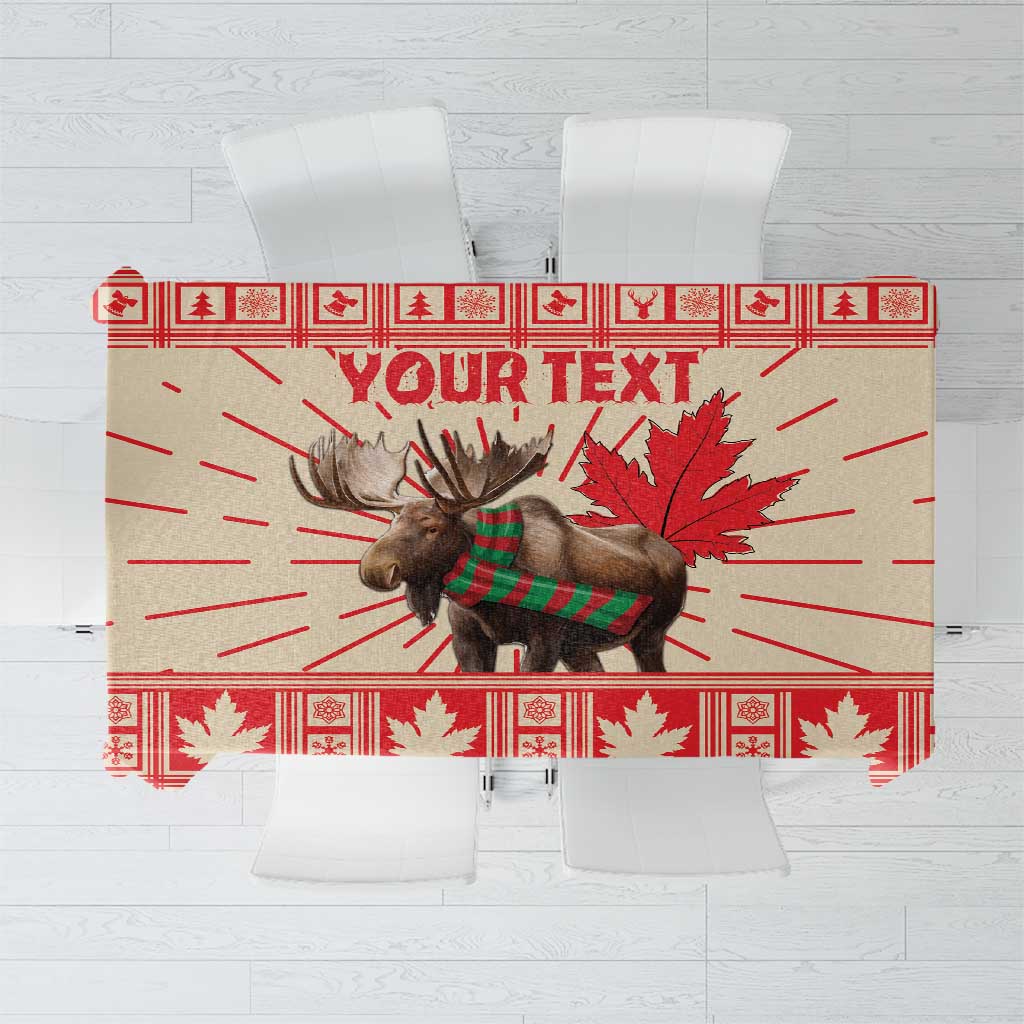 Red Christmas tablecloth with moose and maple leaf pattern